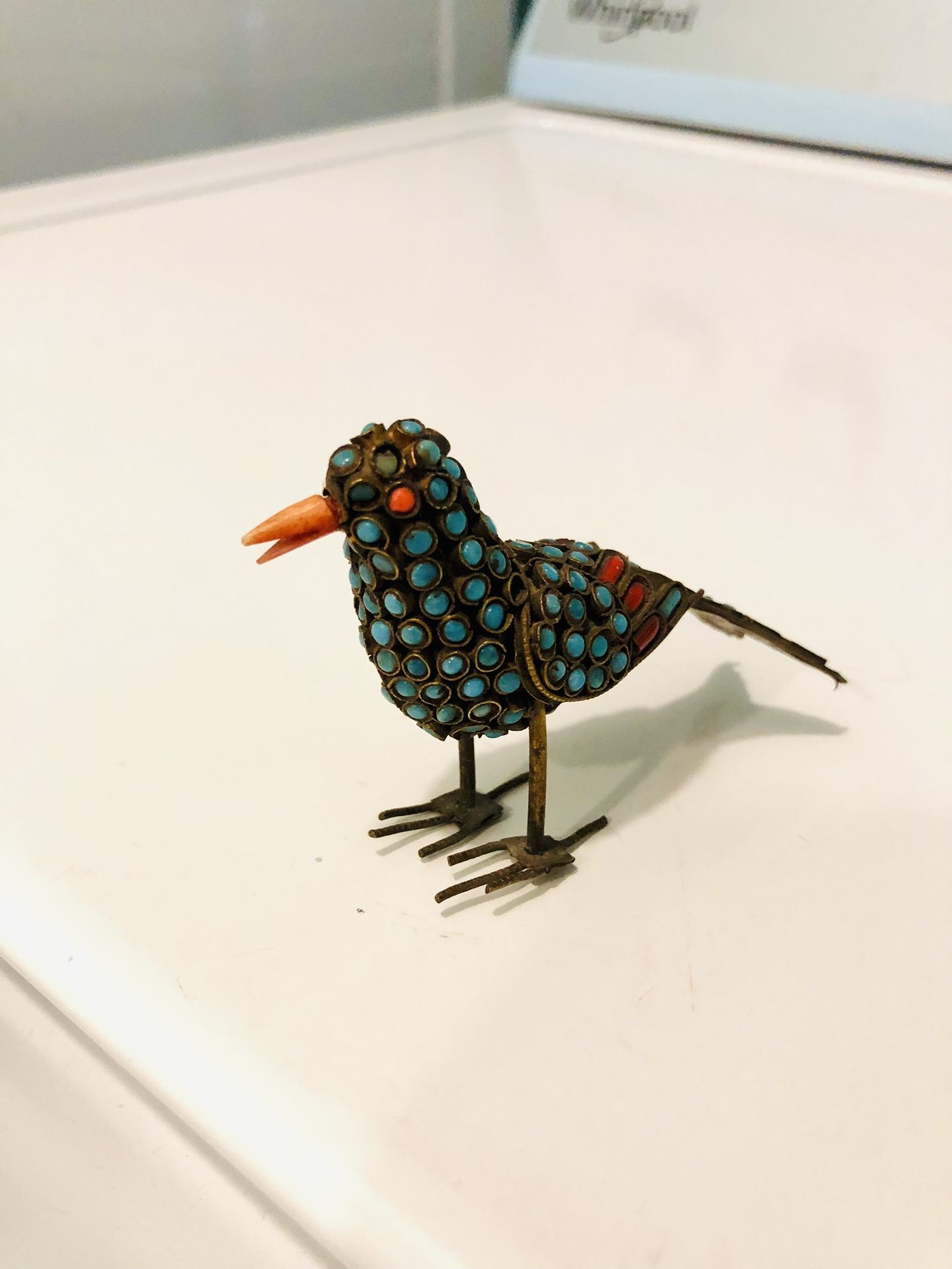UNIQUE Antique Tibetan Brass Wire Bird Figurine,Inlay Coral & Turquoise & Onyx