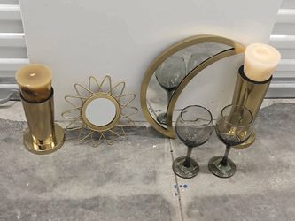 Gold Decor Set: Candle Holders, Candles, Moon Mirror, Sunburst Mirror