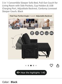 3 in 1 Convertible Sleeper Sofa Bed, Pull Out Couch for Living Room with Side Pockets, Cup Holders & USB Charging Port, Adjustbale Backrest, Corduroy 