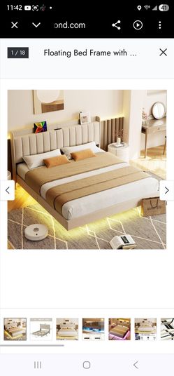 dainslef Full Size Floating Bed Frame with LED Lights, Upholstered Platform Bed Frame with Storage Headboard & Charging Station, No Box Spring Needed