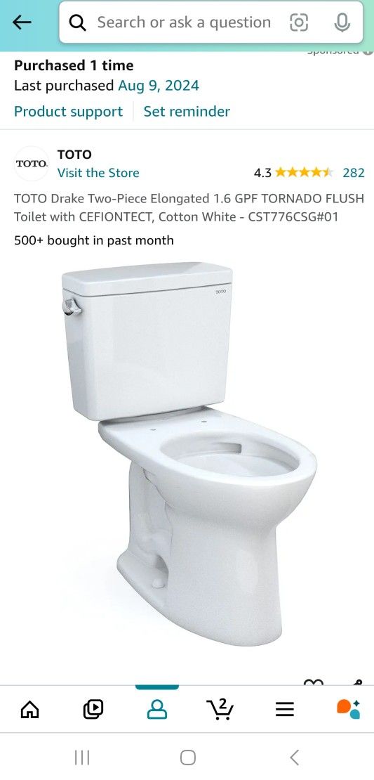 NEW IN BOX TOTO Drake Two-Piece Elongated 1.6 GPF TORNADO FLUSH Toilet with CEFIONTECT, Cotton White - CST776CSG#01