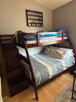 Brown Wood Bunk Bed (Twin over Full) with built in step drawers
