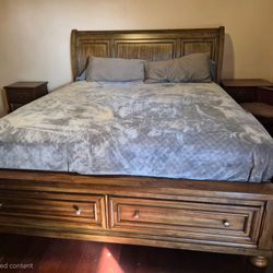 Bedroom Set With Cal King Bed frame And Mattress, 1 Dresser With Mirror, And 2 Night Stands $500