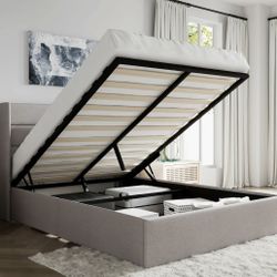 SHA CERLIN Lift Up Storage Bed/ Modern Wingback Headboard/Upholstered Platform Bed Frame/Hydraulic Storage-Wood Slats Support- Frame Only No Mattress