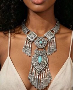 Boho Silver Statement Necklace with Turquoise Stones