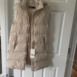 Zara Long  Hooded Puffer Vest Size Small 