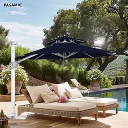11FT Patio Squrare Umbrella hravy duty Offset Cantilever Umbrella Aluminum Market Hanging Umbrellas with Cross base
