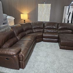 Costco Brown Modular Top Grain Leather 5 Piece Reclining Sectional with Power Headrest  Lounge