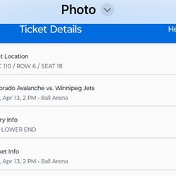2 Awesome Tickets To Avs/Jets On Saturday April 13 At 2:00 - 6 Rows Back From Ice!