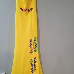 Yellow Mexican Embroided Long Dress  