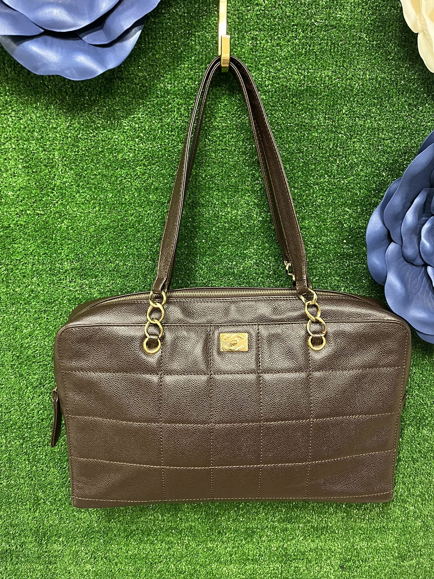 CHANEL Brown Caviar Chocolate Bar Quilted Leather Tote Large Shoulder Bag