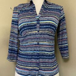 I.E. Relaxed Blue Retro Striped Nylon Button Up Shirt Tunic Semi-sheer Stretch S