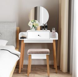 White Dressing Table with Round Mirror and Stool for Bedroom