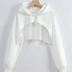 Remidoo Womens Cropped Hoodie Fishnet Long Sleeve Crop Top Hollow Out Drawstring Sweatshirt 