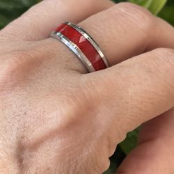 NWT STAINLES STEEL SILVER MENS, Enamel Red Ring Size 11 