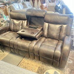 Like New Leather Electric Dual Reclining Couch With Electric Headrests And Dual USB 