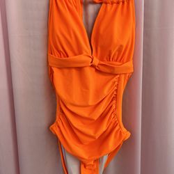 Fun Fluorescent Neon Orange Bathing Suit Bodysuit Drag Queen Show Costume Suit