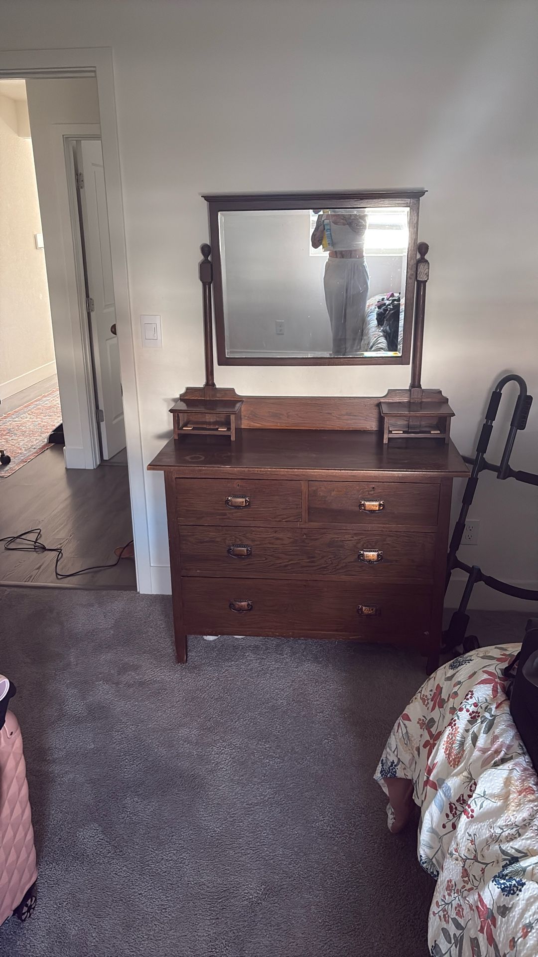 Vintage solid wood dresser with attached mirror