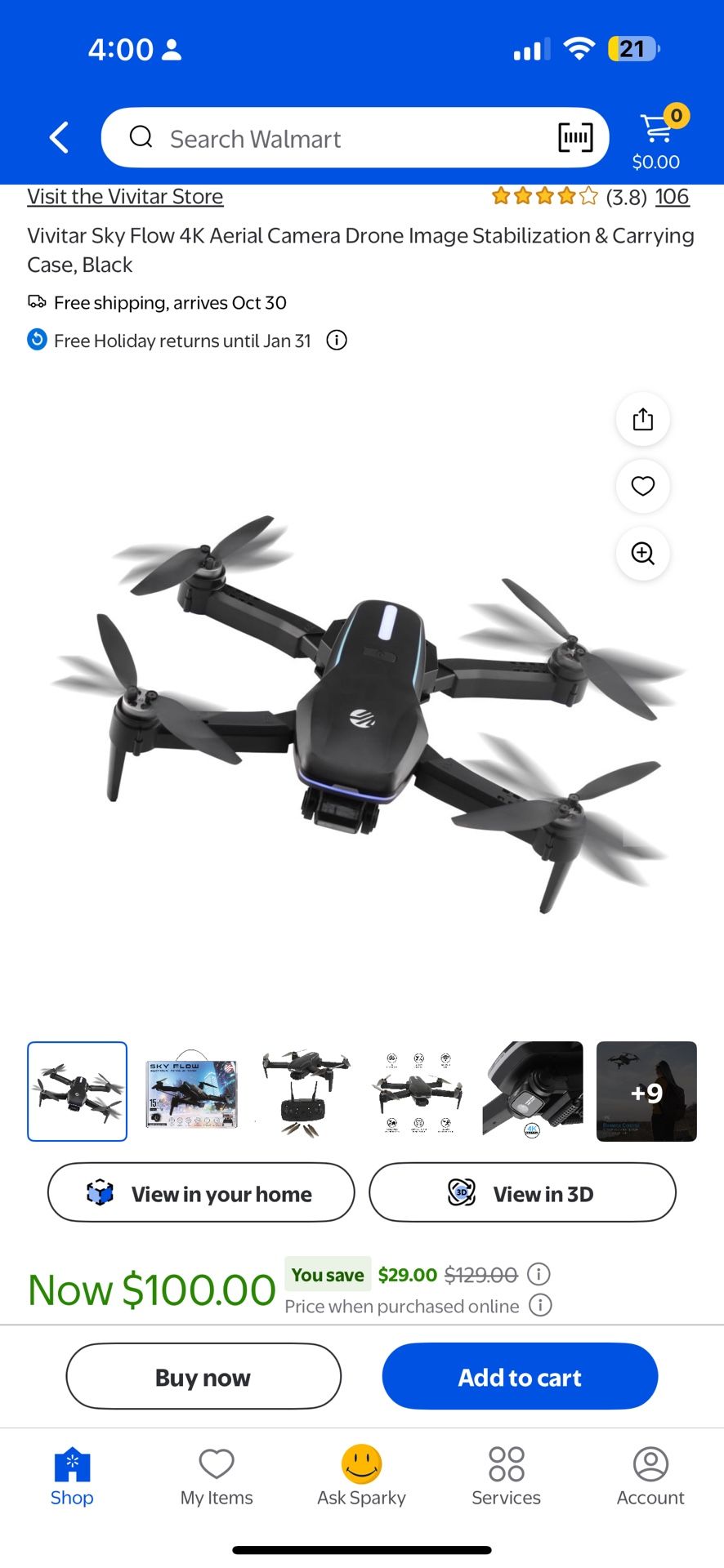 Vivitar Sky Flow 4K Aerial Camera Drone Image Stabilization & Carrying Case, Black