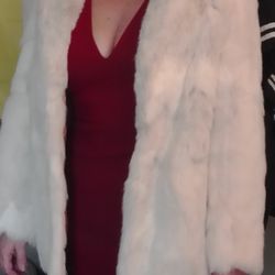 1950s White Fur Coat. Rabbit. With Pockets. 