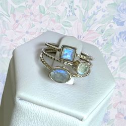 Rainbow Moonstone & Solid Sterling Silver Stacker Ring Trio - Sz 6