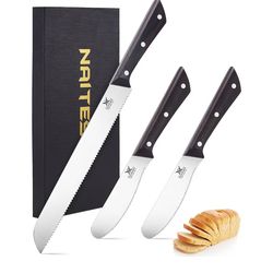3PCS Serrated Bread Knife and Butter Knife Set, Razor Sharp, Homemade Bread Cutting with Butter