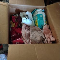 Box Of Baby Girls Clothing Three To Six With Size 1 Diapers