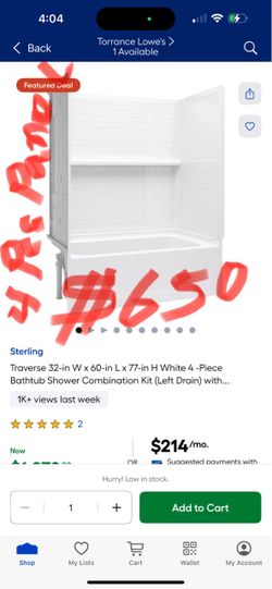 Sterling Traverse 32-in W x 60-in L x 77-in H White 4 -Piece Bathtub Shower Combination Kit (Left Drain) with..