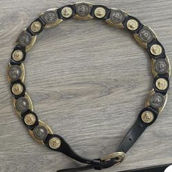 Vintage Versace (Estro Versa) Medusa Head Brass & Leather Link Belt - Size M