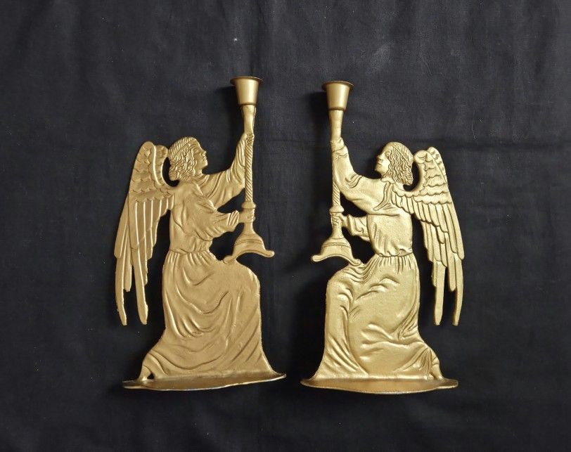 Vintage Brass Plated Kneeling Angel Candle Holder 12” Dbl Sided Lot Of 2