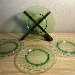 4 Vintage Green Depression Glass Plates