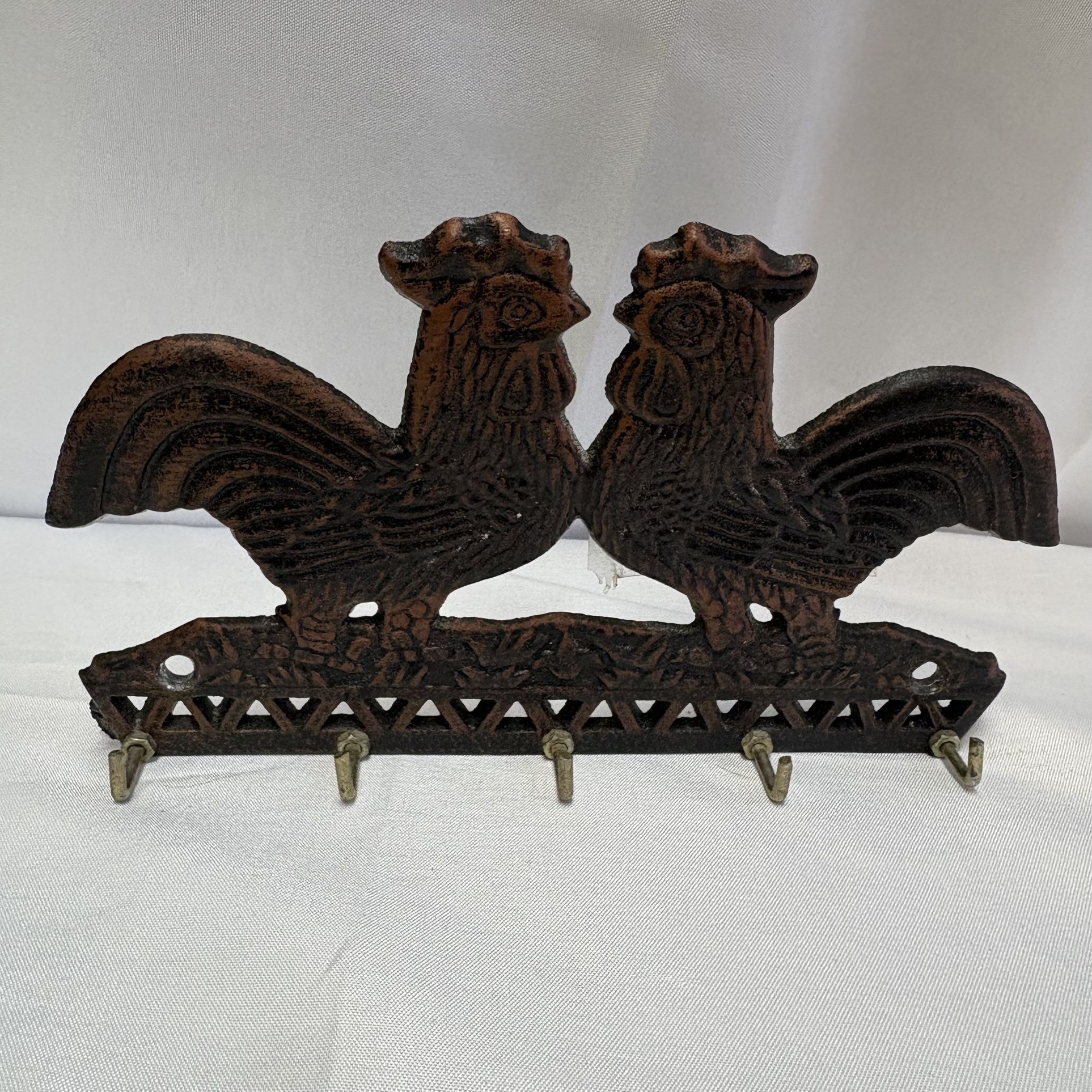 Cast Iron Rooster 5-Hook Wall Key Rack 2007 Farmhouse Kitchen Decor 7” Wide 4” Tall