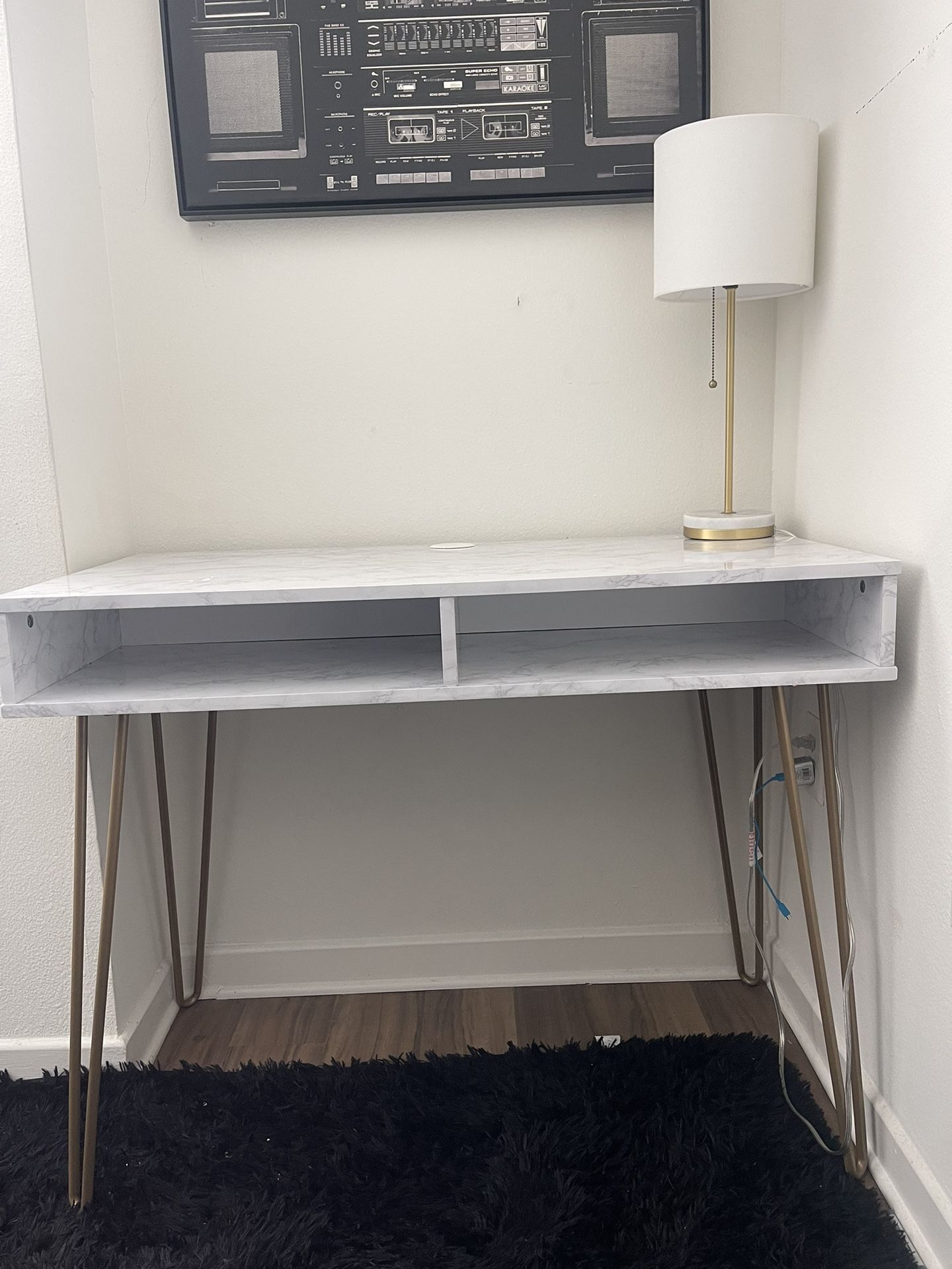 White faux marble desk with gold legs