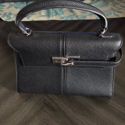 Black Leather Structured Handbag with Top Handle