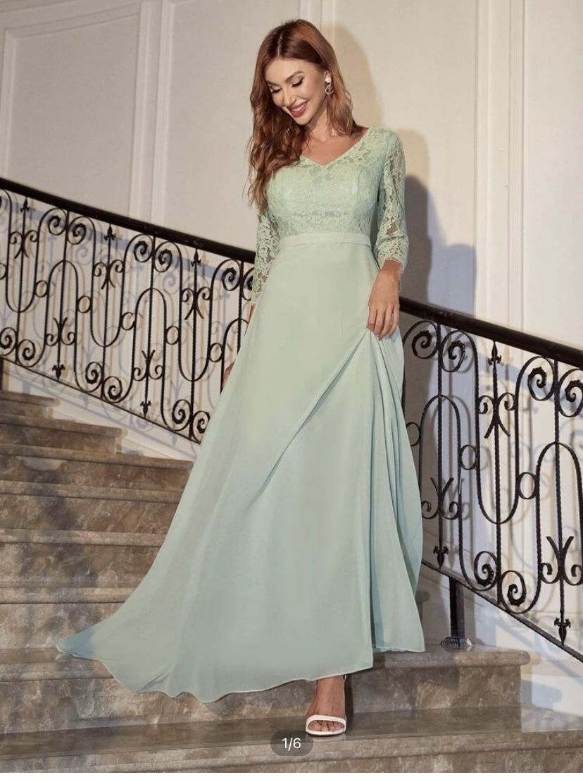 Lace Panel V Neck Chiffon Bridesmaid Dress