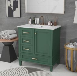 NEW Green 30 in. W Single Sink Freestanding Bath Vanity with White Ceramic Top and Soft Closing Door, 3 Drawers Unassembled