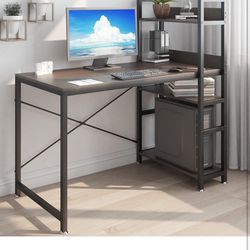JSungo Computer Desk with 4 Tiers Shelves, 47 Inch Sturdy Table with Reversible Bookshelf for Home Office, Study Tower Desk for Small Space, Industria