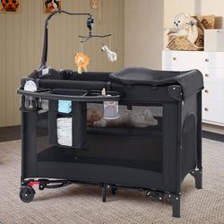 HARPPA Pack and Play 6 in 1, Portable Baby Playard for Travel, Baby Bassinet Bedside Sleeper with Mattress, Rolling Bassinet for Infant, Pack n Play w