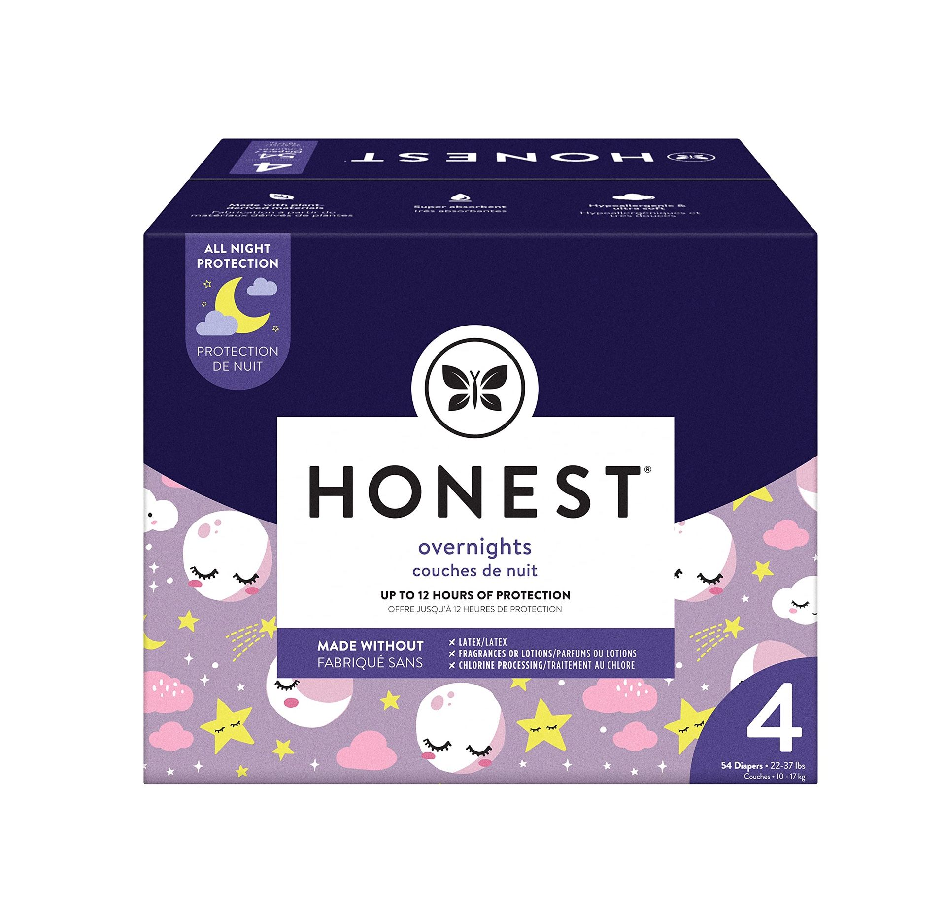 The Honest Company Clean Conscious Disposable Overnight Diapers Cozy Cloud + Star Signs, Size 4, 48 Count