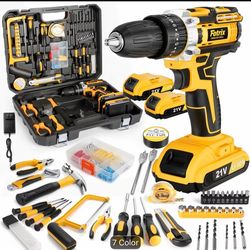 21V Cordless Drill Set with 3 Batteries & 100+ Piece Tool Kit - Complete Home Repair Kit
