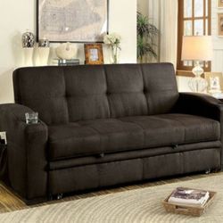 Brand New Dark Brown Furon Sofa Pull-out Underseat Base Built-in Cup Holders Converts into Bed