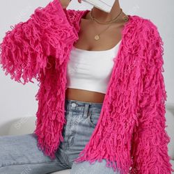 Pink Fur Like Cardigan - Pink Jacket- Pink Cardigan