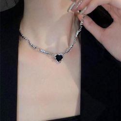 Silver Black Heart Necklace