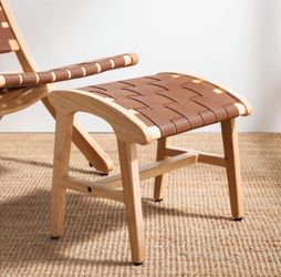 LUE BONA Midcentury Modern Foot Stool , Accent Chair Ottoman, brow Leather and Natural Wood, Foot Rest for Accent Chair, 14", 200lb, Footstool for Liv