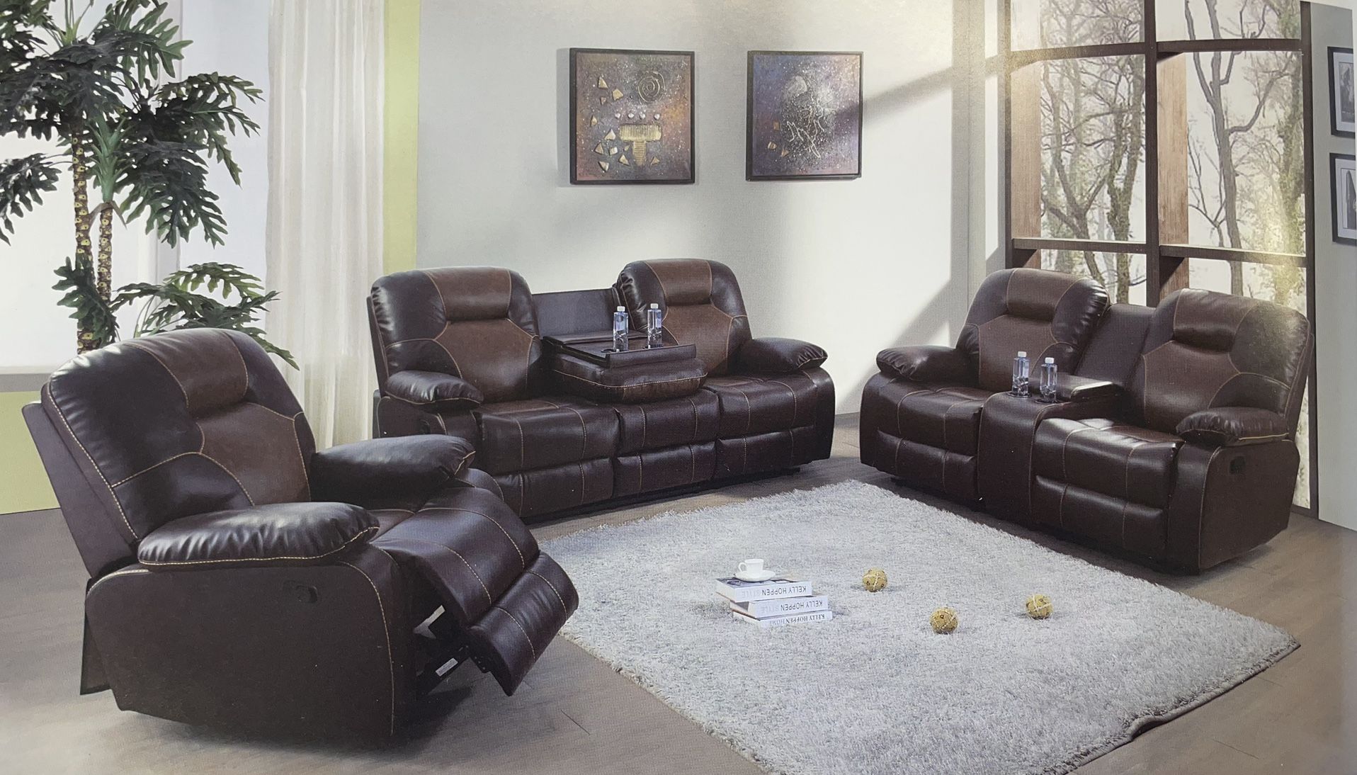 Brown Leather Fully Reclining Three Piece Couch Set