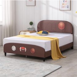 NEW IN BOX - Kids Bed Frame, Faux Leather Upholstered Platform Bed Frame with Curved Headboard, Twin Size Children Bed Frame with Sport Style Design (