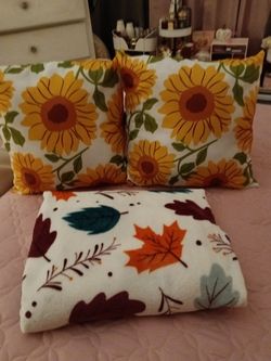 Sunflower Throw Pillows and Fall Leaf Blanket Set