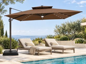 12FT Solar LED Cantilever Patio Umbrella w/ Base – 360° Tilt, Heavy Duty, solar lights and SPEAKER , Available in Coffee and Blue Color