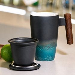 [NEW] Ceramic Tea Mug with Infuser & Wooden Handle -13.5oz (Black/Blue)