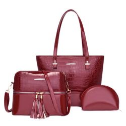 Women’s Large All Season Red Wine Crocodile Pattern Pu Leather Bag Set